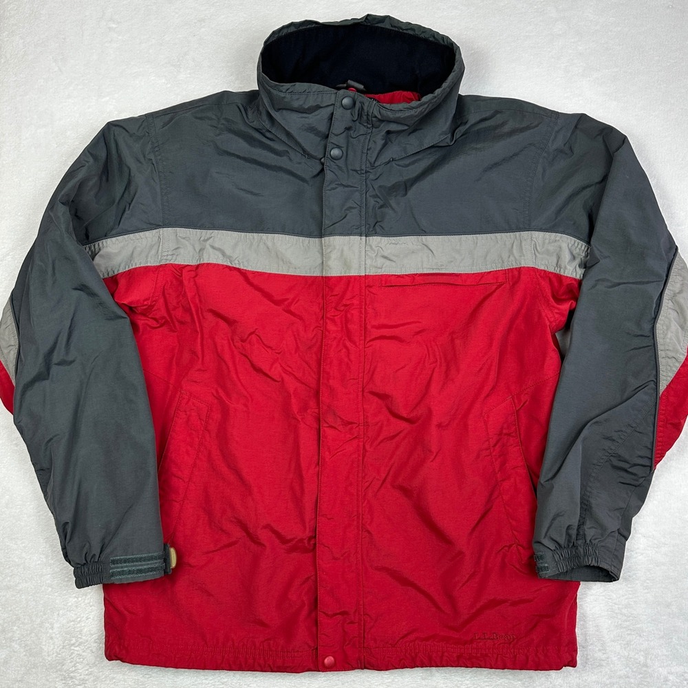 LL Bean Mens Colorblock Nylon Windbreaker Jacket Red Charcoal‎ Grey Medium 0CYD6